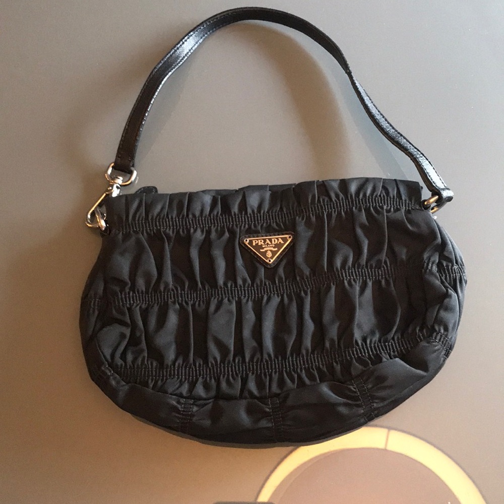 PRADA Ruched Tessuto Nylon Small Pochette Bag